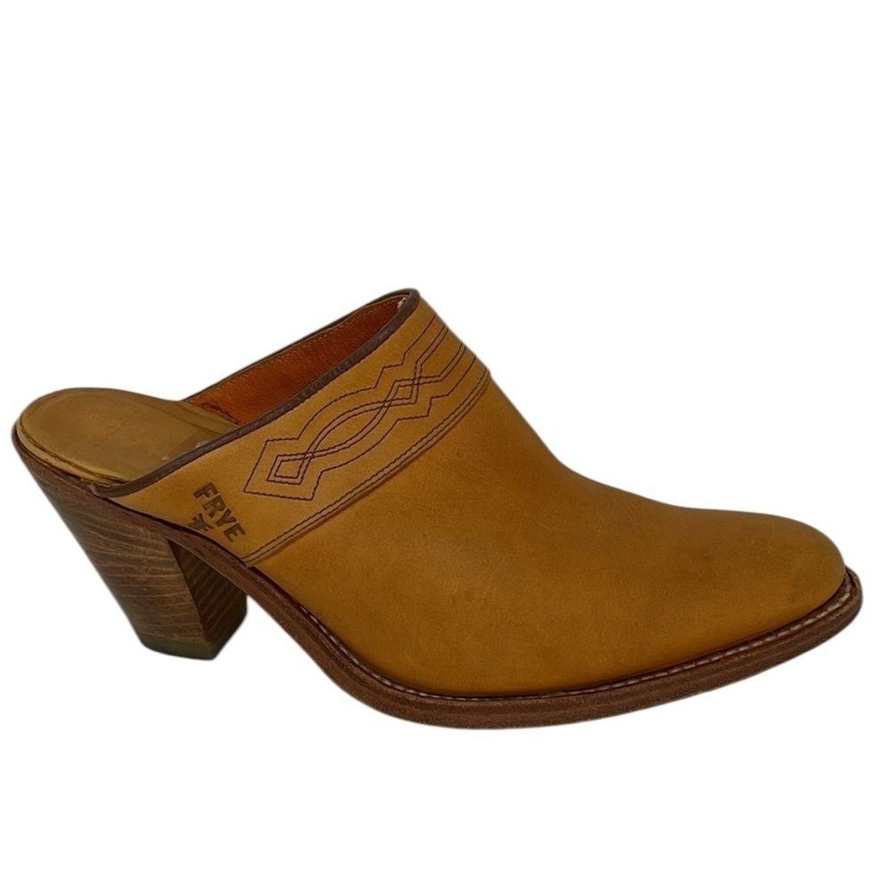 FRYE Mules Shoes Leather Slip On Western Embroidered Heels Size 7 - Picture 4 of 11